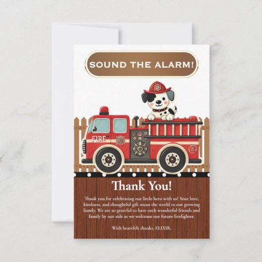 Sla alarm! Modern Firetruck Baby shower Bedankkaart (Voorkant)