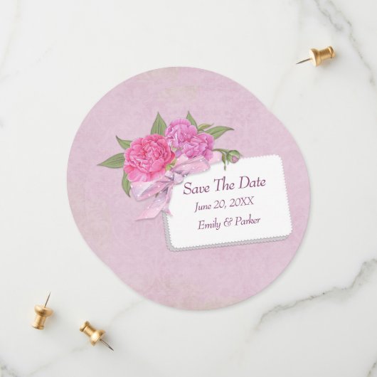 Sla de date-Pink Peony op Save The Date (Voorkant / Achterkant in situ)
