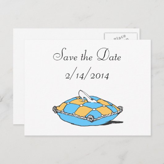 Sla de datum Assepoester Slipper Blauwgroen kussen Aankondigingskaart (Voorkant / Achterkant)