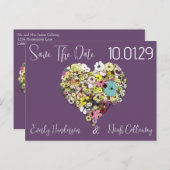 Sla de datum bloemen en bladeren hart vorm aankondigingskaart (Voorkant / Achterkant)