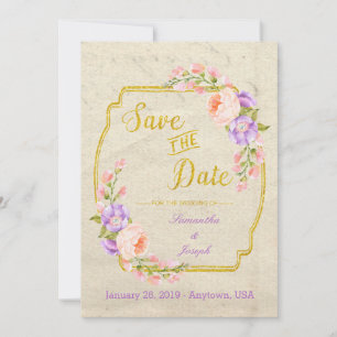 Sla de datum Bloemen en Goud op Perkament STD Save The Date