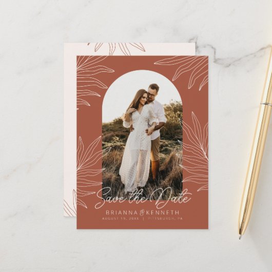 Sla de Datum Boho Arch Foto Terracotta Botanical o Briefkaart (Voorkant / Achterkant in situ)