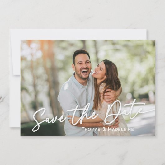 Sla de datum bruiloft foto kalligrafie script kaart (Voorkant)