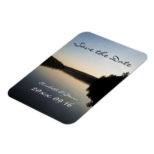 Sla de datum bruiloft magneet meer bij zonsonderga (Linkerzijde)
