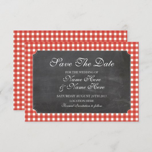 Sla de datum Chalk Red Check Rustic Wedding Kaart (Voorkant / Achterkant)
