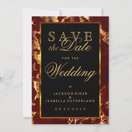 Sla de datum donkerrood en goudmarmer op save the date (Voorkant)