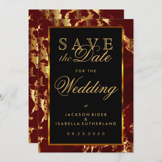 Sla de datum donkerrood en goudmarmer op save the date (Voorkant / Achterkant)