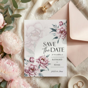 Sla de datum Dusky Pink Peony bruiloft uitnodiging