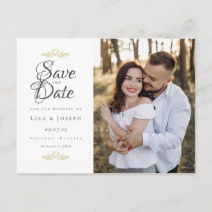 Sla de datum Elegant Wedding Script Foto op Briefkaart