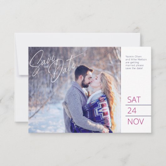 Sla de datum foto blauw paarse dennenappel kunst save the date (Voorkant)