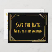 Sla de datum Gatsby Goud Zwart Art Deco Bruiloft Aankondigingskaart (Voorkant / Achterkant)