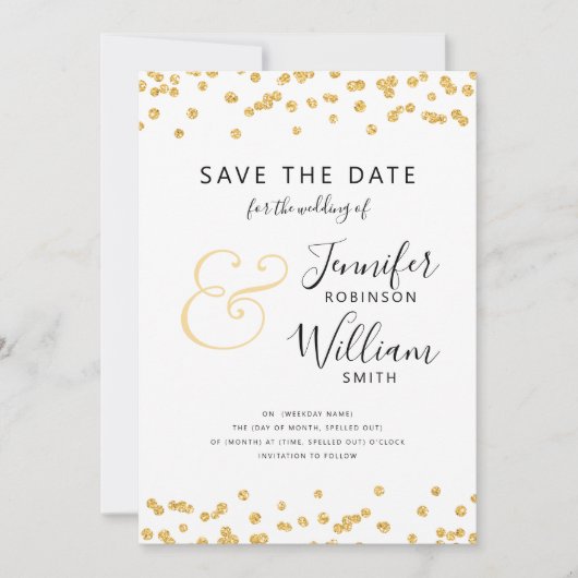 SLA DE DATUM Gouden Glitter Confetti Script Bruilo Kaart (Voorkant)