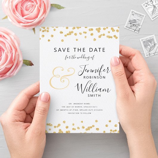 SLA DE DATUM Gouden Glitter Confetti Script Bruilo Kaart