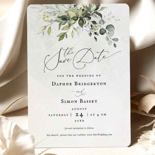 Sla de datum groen script minimalistische bruiloft kaart