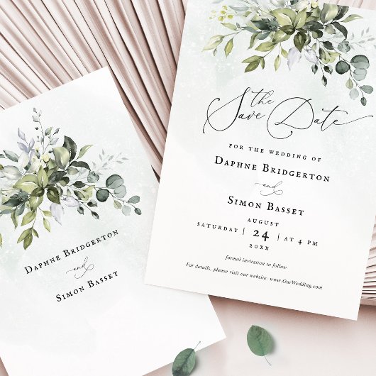 Sla de datum groen script minimalistische bruiloft kaart