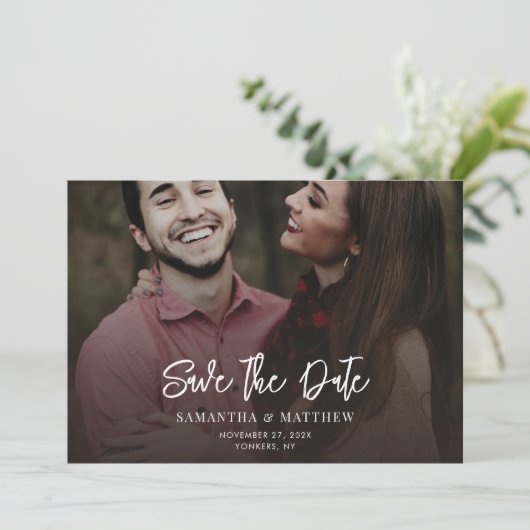Sla de datum Handgeschreven foto Elegant bruiloft Save The Date (Staand voorkant)