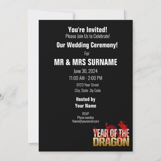 Sla de datum jaar van de Dragon bruiloft Kaart (Achterkant)
