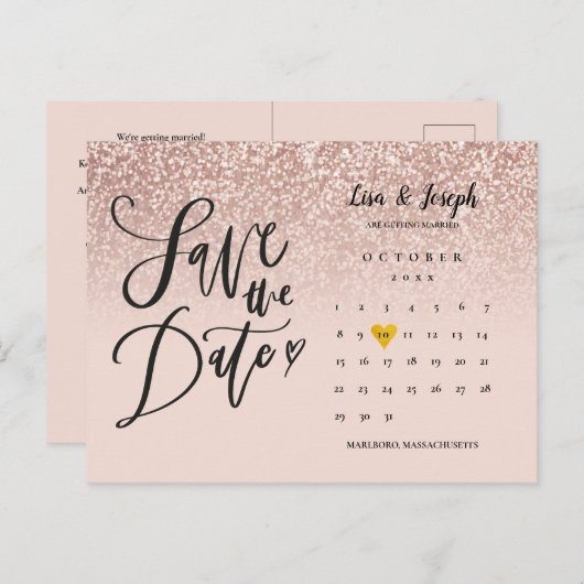 Sla de Datum Kalender QR Code Roos Gouden Glitter  Aankondigingskaart (Voorkant / Achterkant)