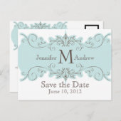 Sla de datum Monogram bruiloft Blue Swirls Kaart (Voorkant / Achterkant)
