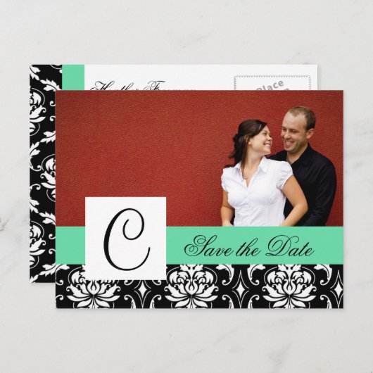 Sla de datum Monogram Damask Wedding Kaarten (Voorkant / Achterkant)