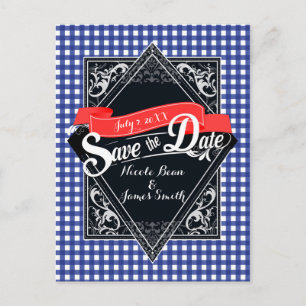 Sla de datum op Blue Checkered Gingham Verloving Briefkaart