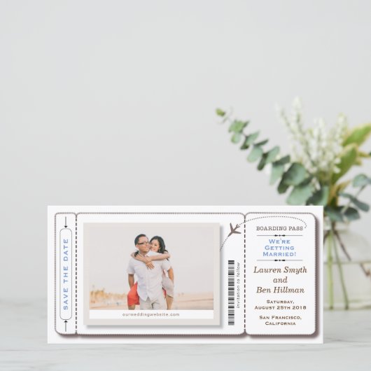 Sla de datum op Boarding Pass-fotokaart Save The Date (Staand voorkant)