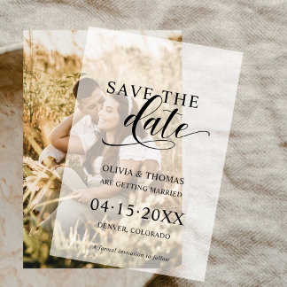 Sla de datum op Elegant Modern Script Wedding Vellum Uitnodigingen
