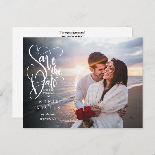 Sla de datum op Elegante Script Foto QR Code Briefkaart (Voorkant / Achterkant)