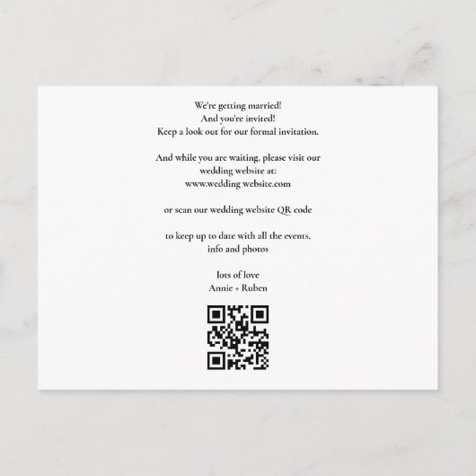 Sla de datum op Elegante Script Foto QR Code Briefkaart (Achterkant)