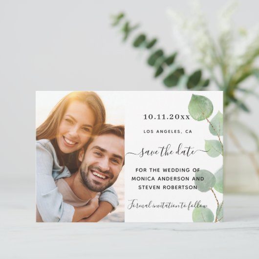 Sla de datum op eucalyptus groen foto bruiloft (Staand voorkant)