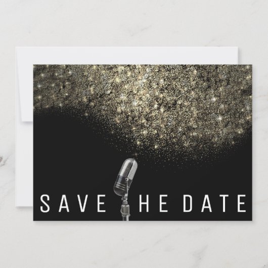 Sla de datum op Glitter Gold Sepia Black Microphon Save The Date (Voorkant)