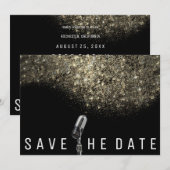 Sla de datum op Glitter Gold Sepia Black Microphon Save The Date (Voorkant / Achterkant)