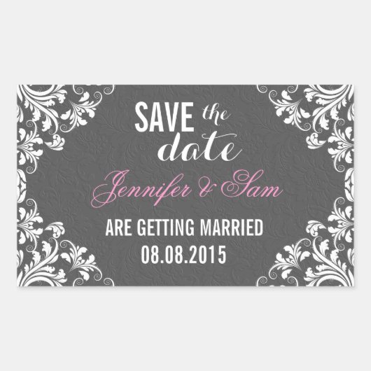 Sla de datum op - Grijze Damasks Wit  kant Rechthoekige Sticker (Voorkant)