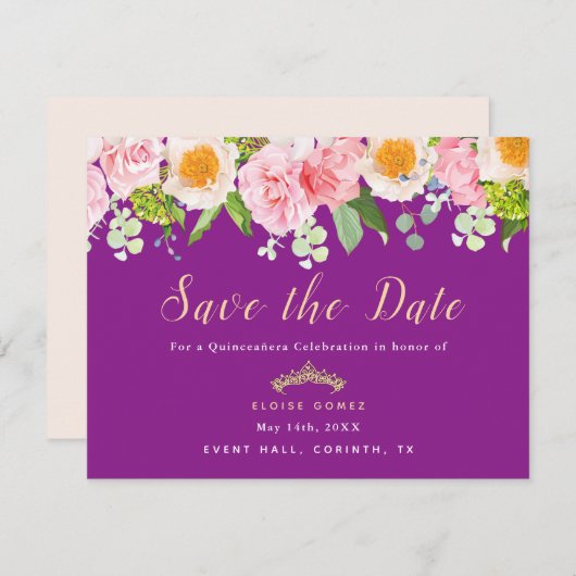 Sla de datum op Koninklijke Paarse Bloemige Quince Bedankkaart (Voorkant / Achterkant)