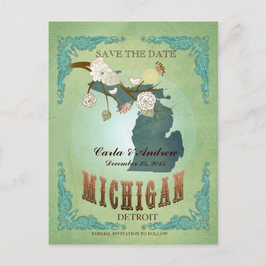 Sla de datum op - Michigan kaart met mooie vogels (Voorkant)