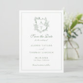 Sla de datum op Monogram Crest Sage Green Kaart (Staand voorkant)