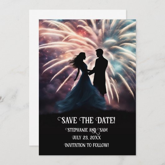 Sla de datum op Romantisch stel dat danst Vuurwerk Kaart (Voorkant / Achterkant)