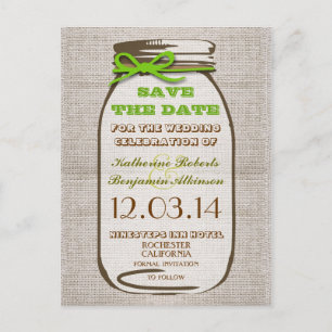 Sla de datum op Rustic Burlap Mason Jar Aankondigingskaart