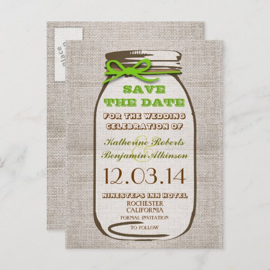 Sla de datum op Rustic Burlap Mason Jar Aankondigingskaart (Voorkant / Achterkant)