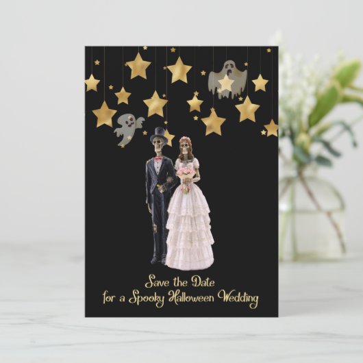 Sla de datum op Skeletten Halloween-bruiloft Kaart (Staand voorkant)