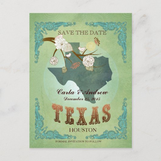 Sla de datum op - Texas kaart met mooie vogels (Voorkant)