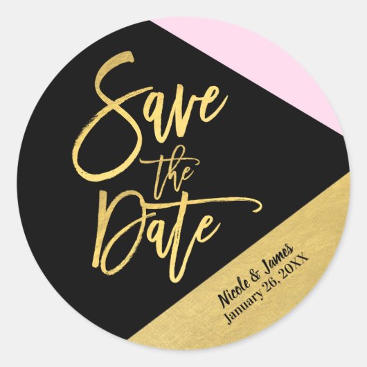 Sla de datum op Zwart Roze Gouden Folie Modern Scr Ronde Sticker (Voorkant)