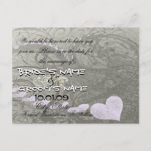Sla de datum Paarse en grijze harten en wervelen Aankondigingskaart (Achterkant)