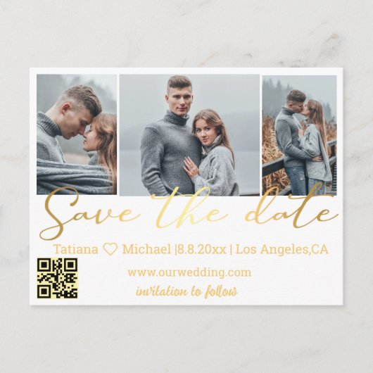 sla de datum qr code 3 fotocollage huwelijksgoud o aankondigingskaart (Voorkant)