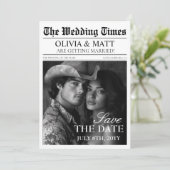 Sla de datum retro kranten bruiloft save the date (Staand voorkant)