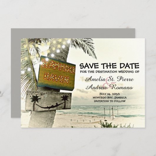 Sla de datum  Romantische strandbestemming op Save The Date (Voorkant / Achterkant)