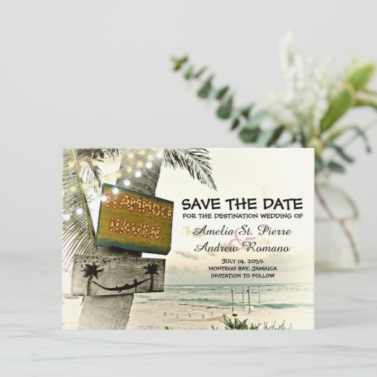 Sla de datum  Romantische strandbestemming op Save The Date (Staand voorkant)