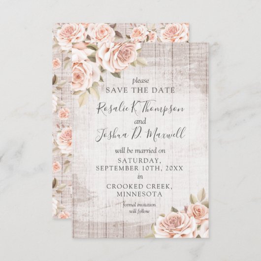 Sla de datum rustieke hout & romantische Rozen Kaa Kaart (Voorkant / Achterkant)