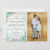 Sla de datum rustieke turquoise bloemen 4-foto kaa kaart (Voorkant)