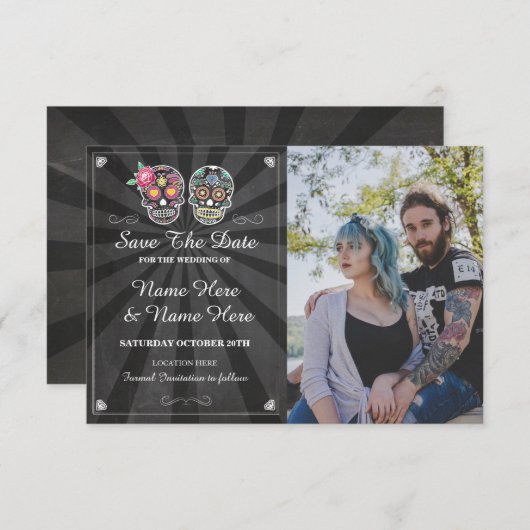 Sla de datum schedel fotokaart gotische bruiloft save the date (Voorkant / Achterkant)